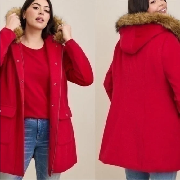 Women's Red Hooded Winter Coat with Faux Fur Trim - Picture 1 of 4